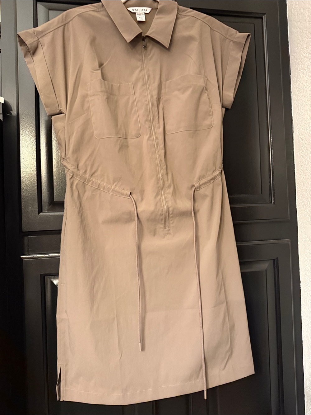 Athleta Taupe Zip-Front Drawstring Midi Dress size small